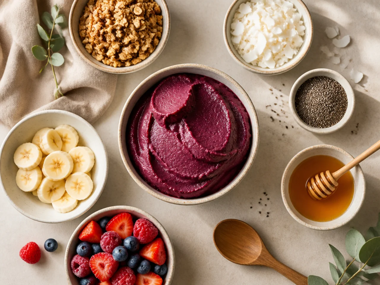 Fresh ingredients for acai bowl arranged in bowls