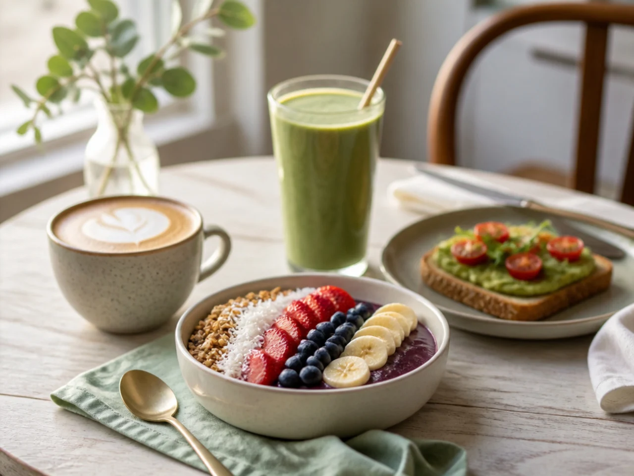 acai bowl served with fresh coffee, a green smoothie or whole-grain toast