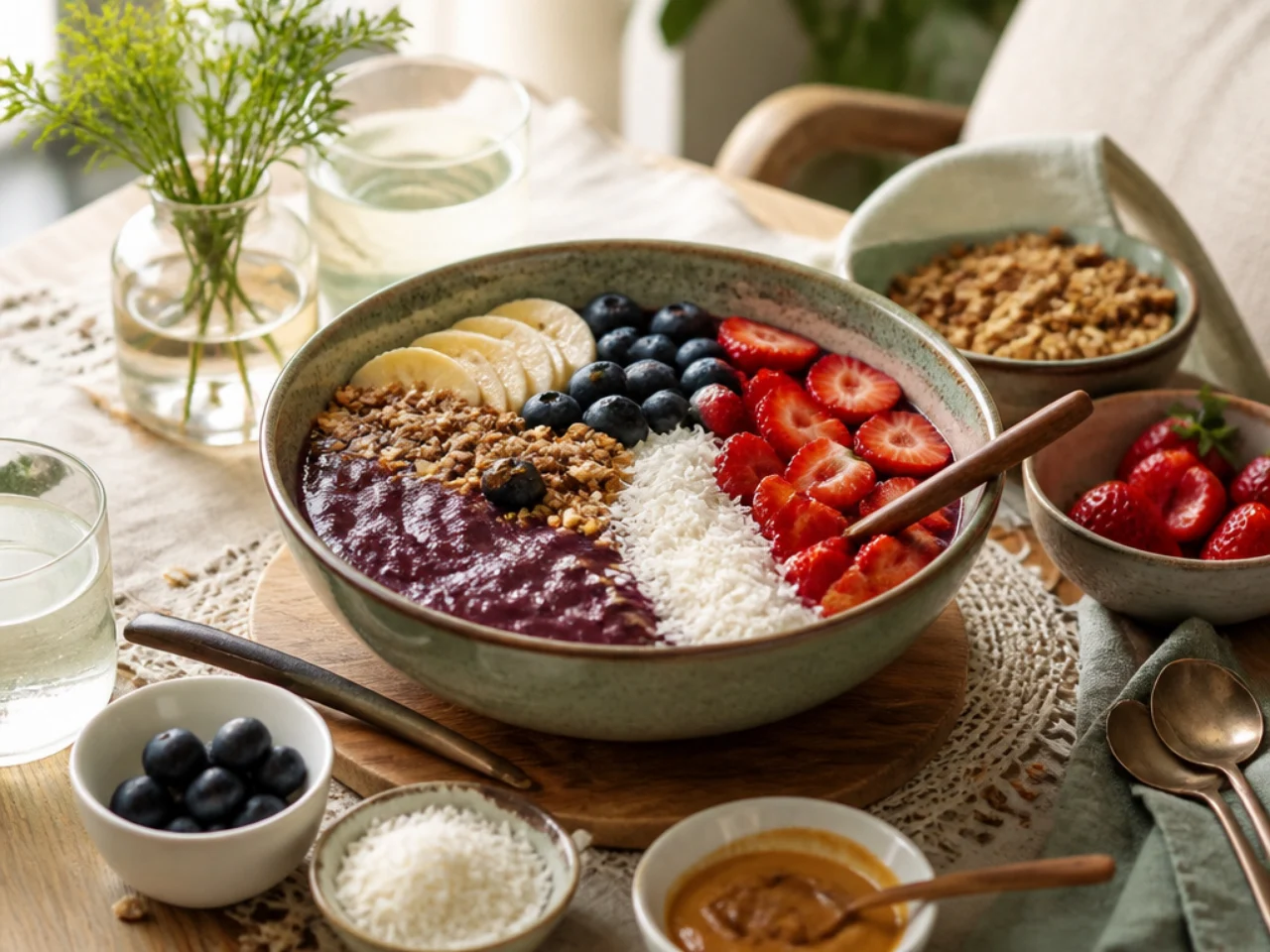 acai bowl served family-style on a cozy table