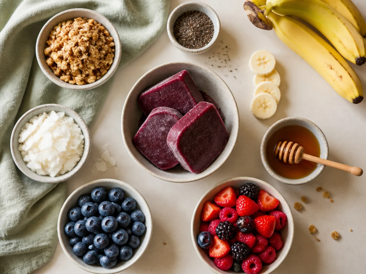 Fresh ingredients for acai bowl arranged in bowls