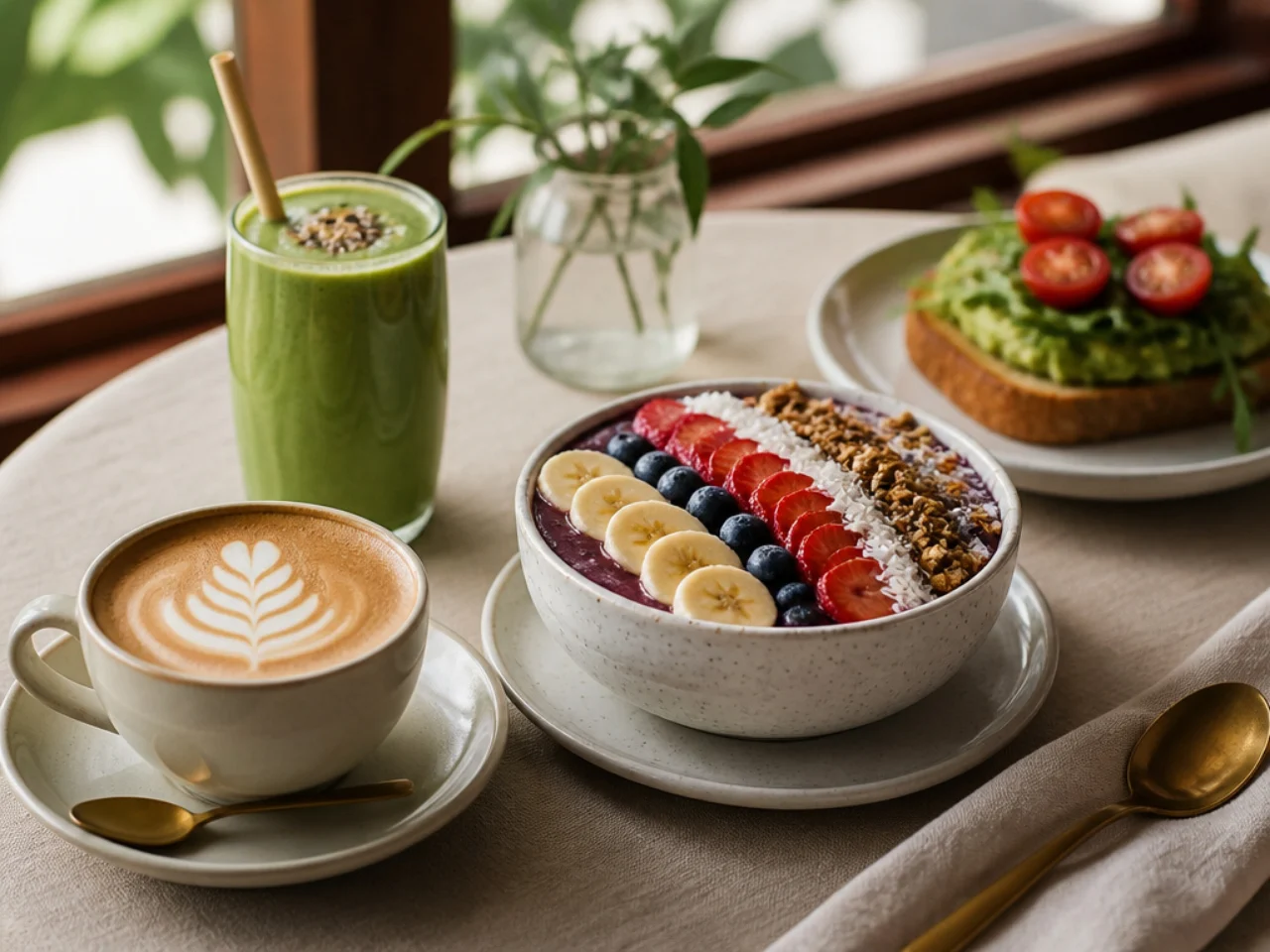 acai bowl served with fresh coffee, a green smoothie or whole-grain toast