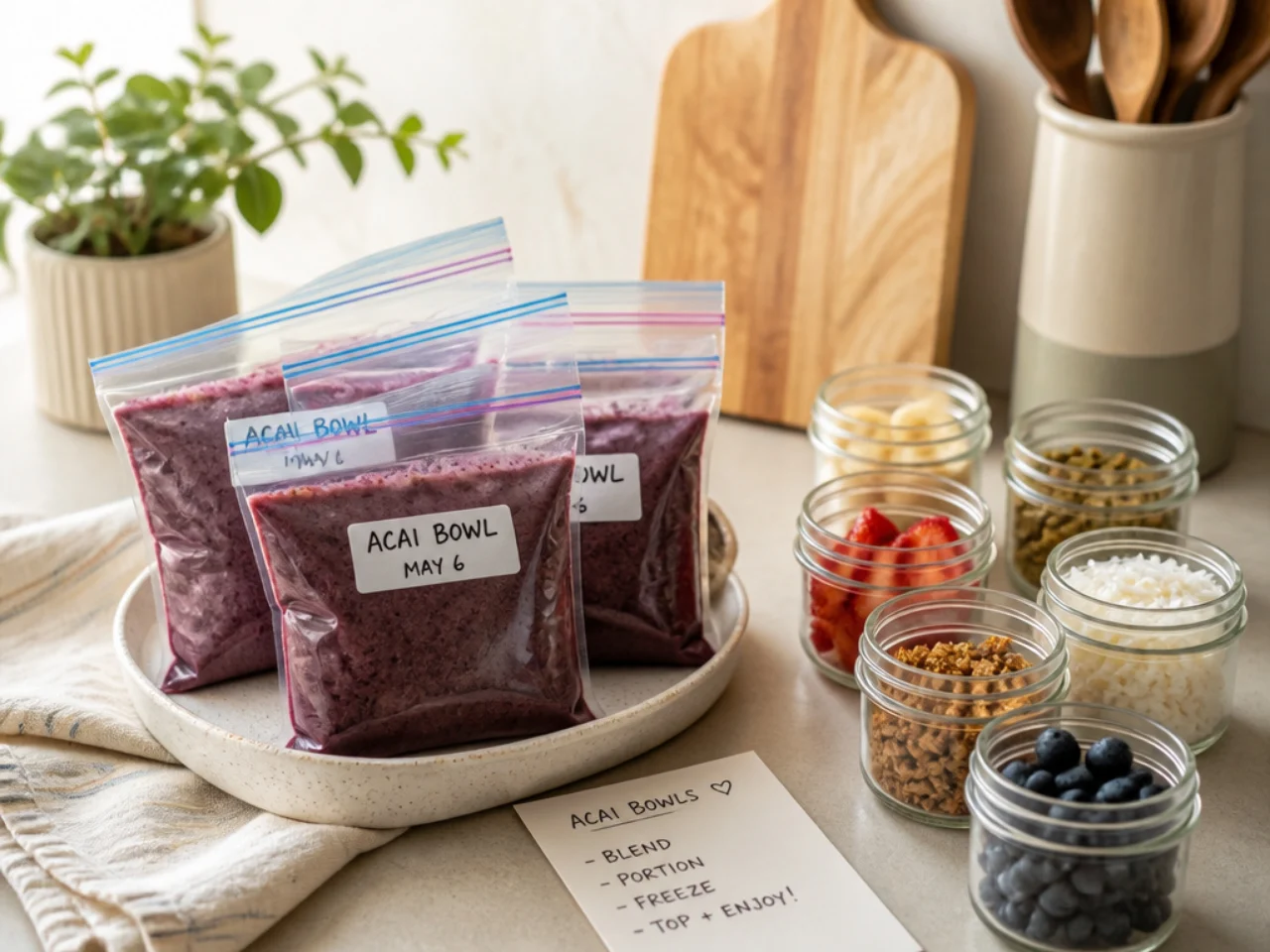 Make-ahead storage of acai bowl in containers