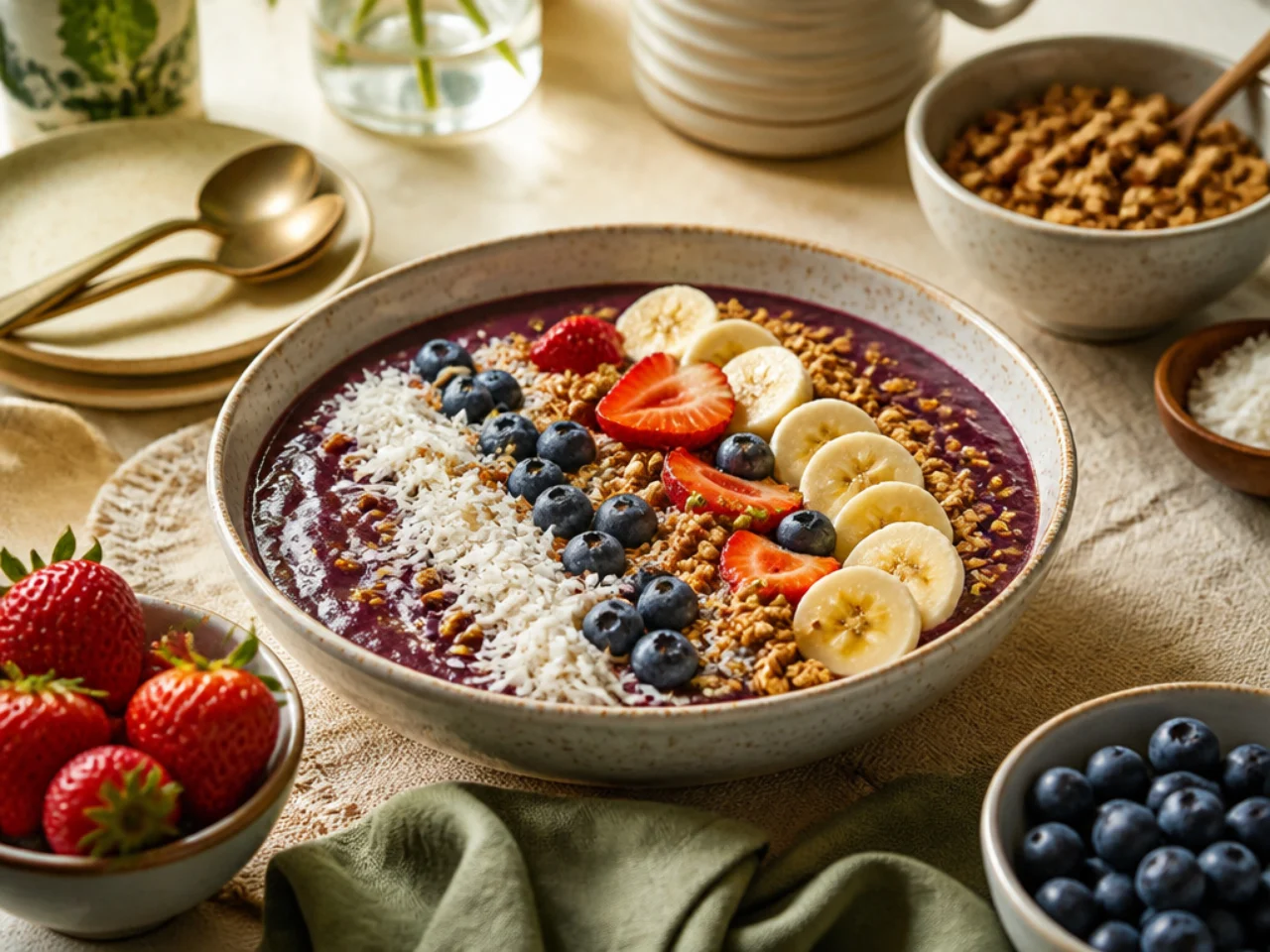 acai bowl served family-style on a cozy table