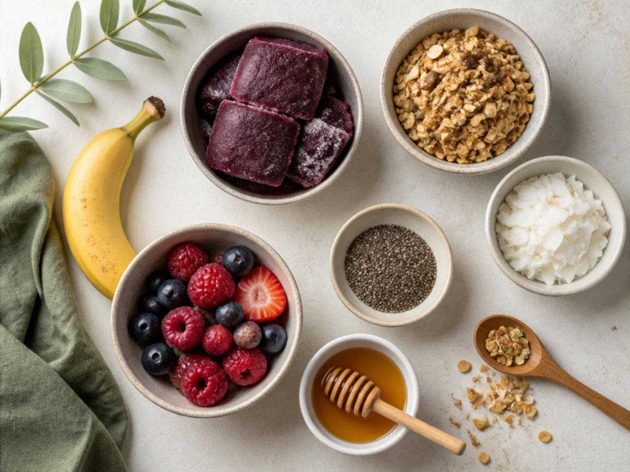Fresh ingredients for acai bowl arranged in bowls
