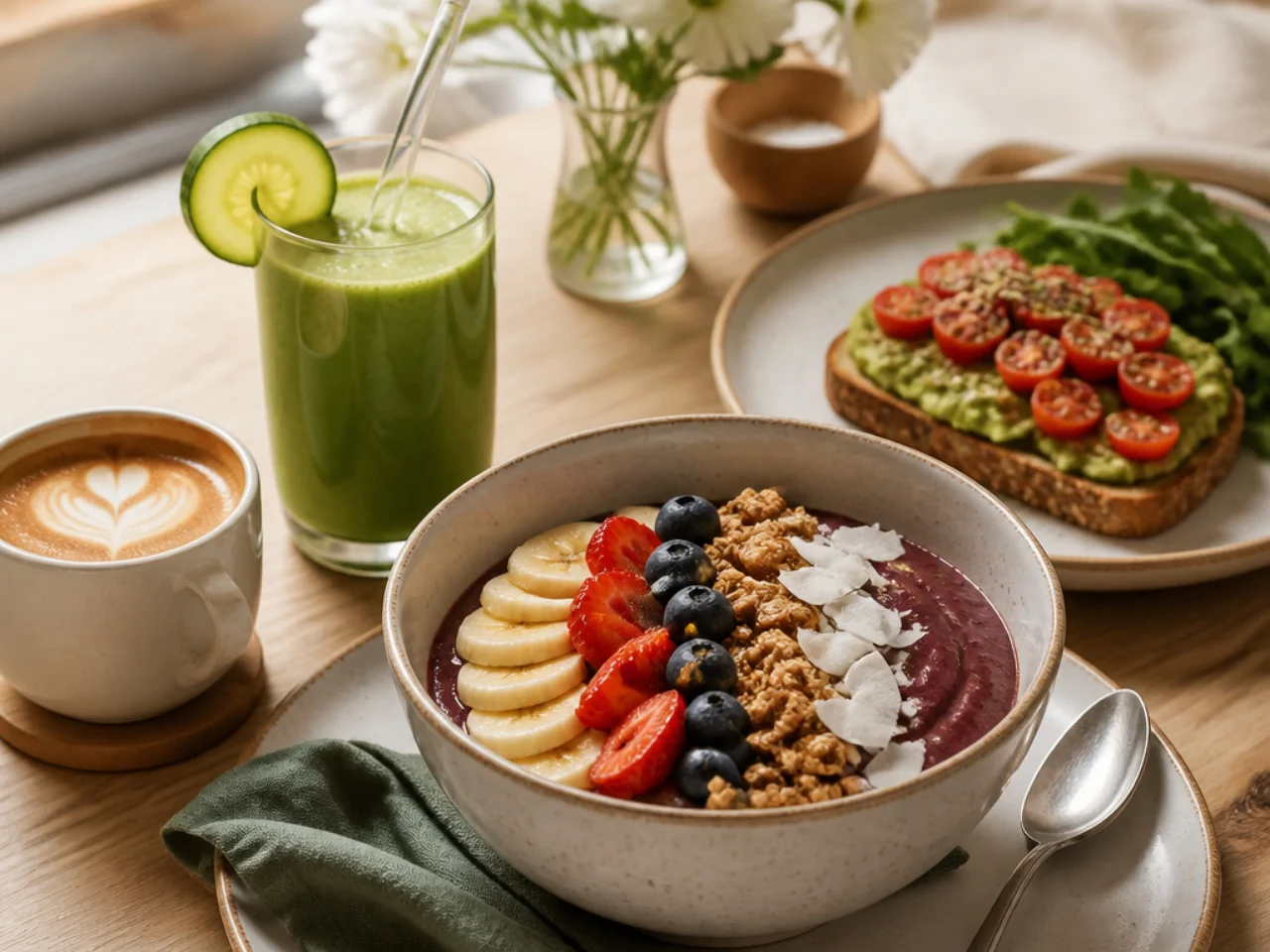 acai bowl served with fresh coffee, a green smoothie or whole-grain toast