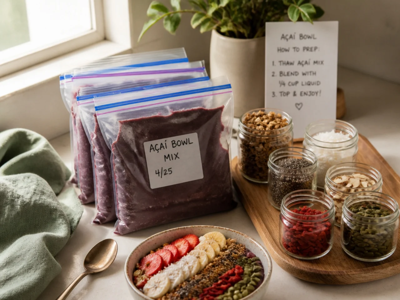Make-ahead storage of acai bowl in containers