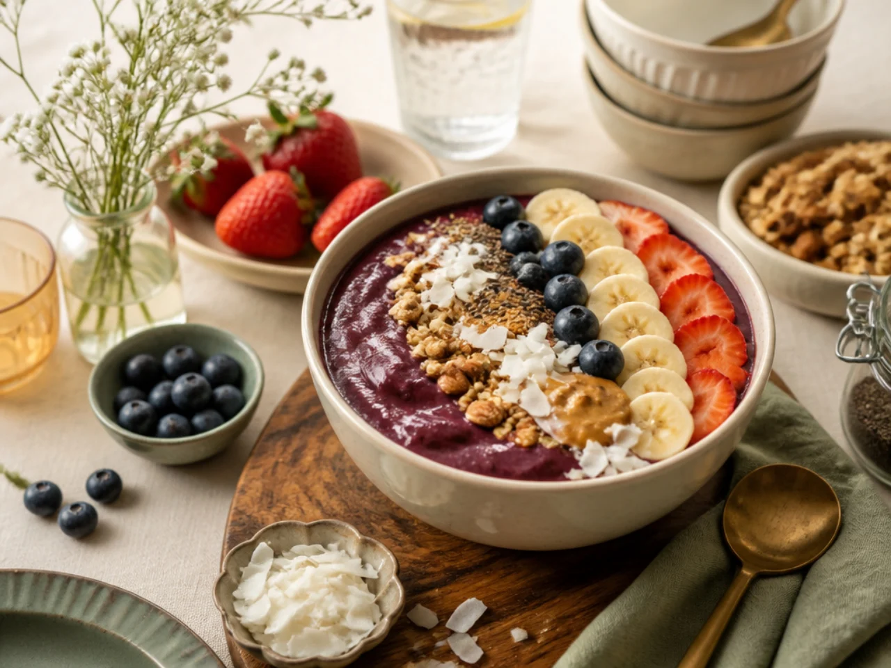 acai bowl served family-style on a cozy table