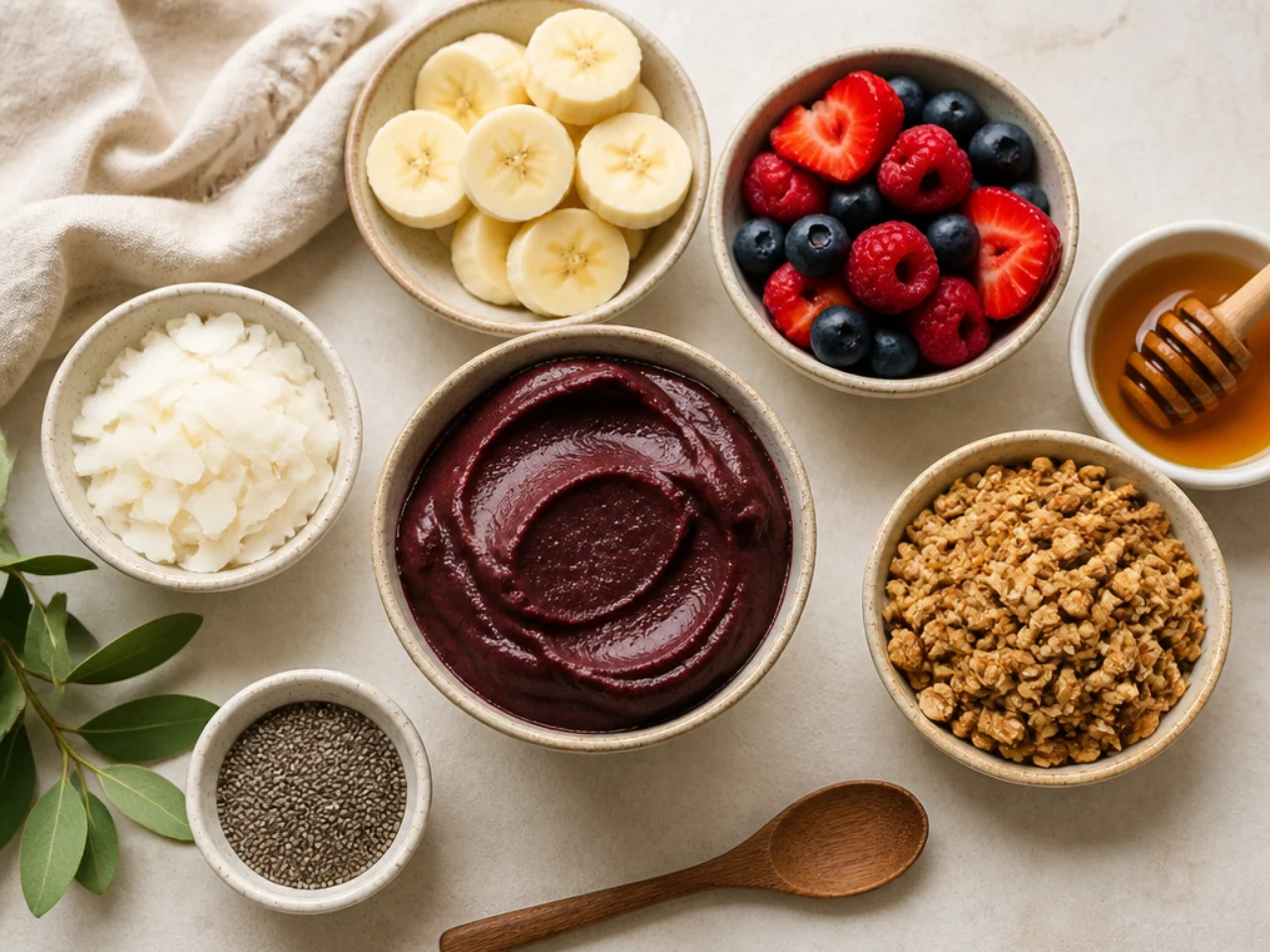 Fresh ingredients for acai bowl arranged in bowls