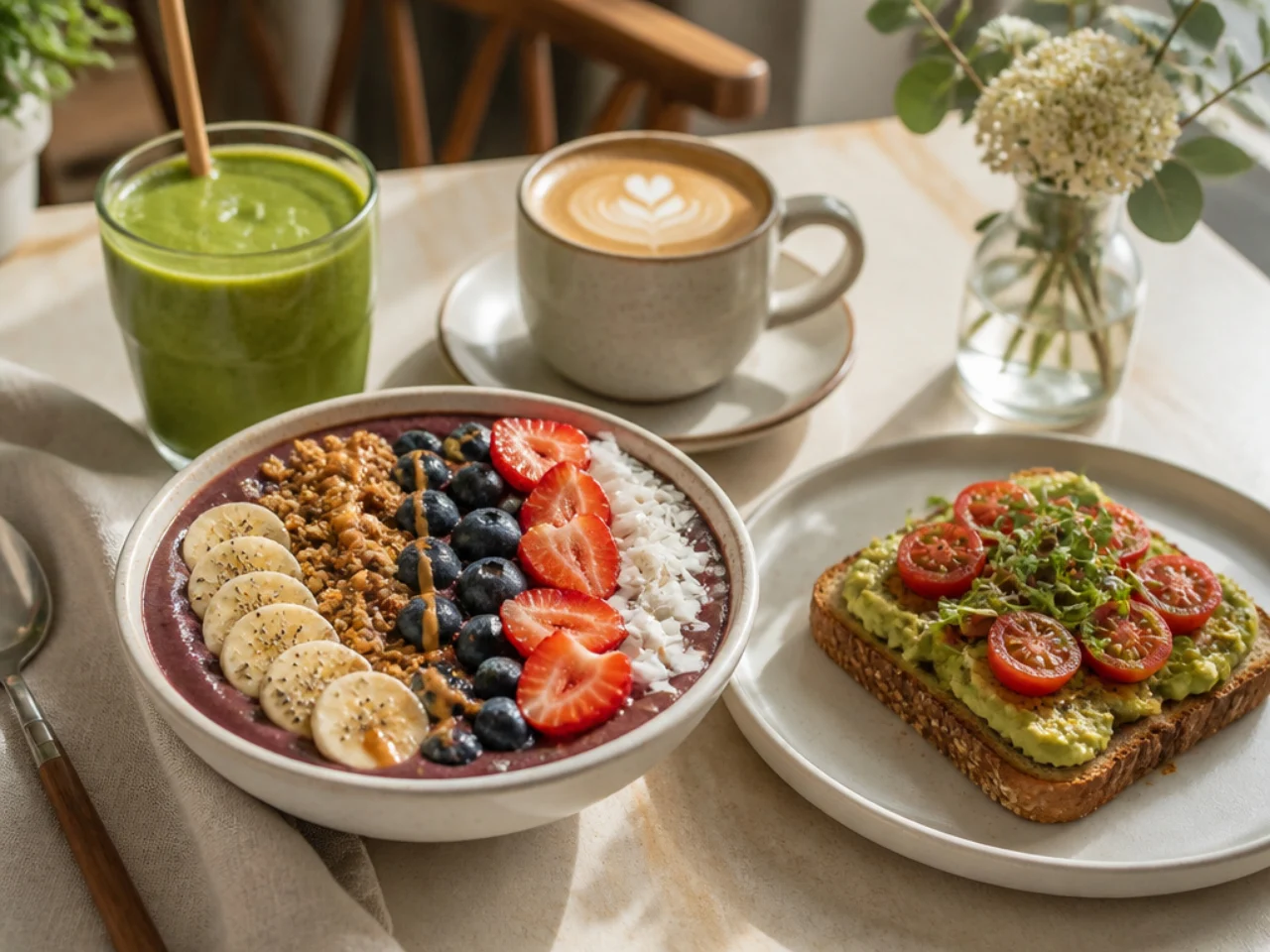 acai bowl served with fresh coffee, a green smoothie or whole-grain toast