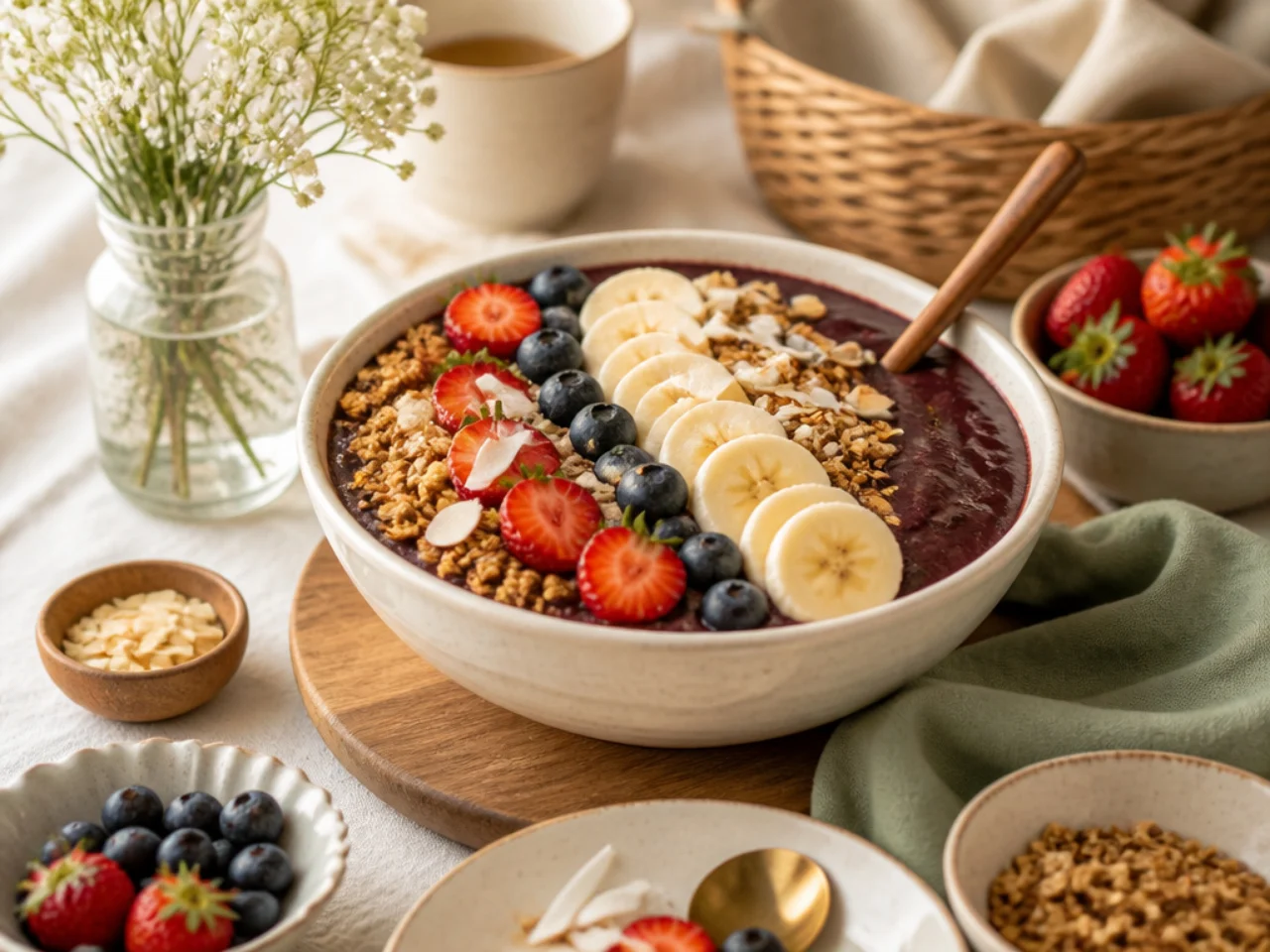 acai bowl served family-style on a cozy table