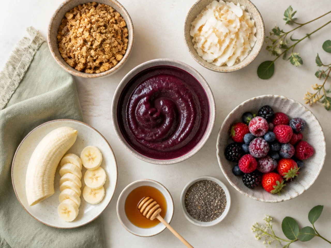 Fresh ingredients for acai bowl arranged in bowls