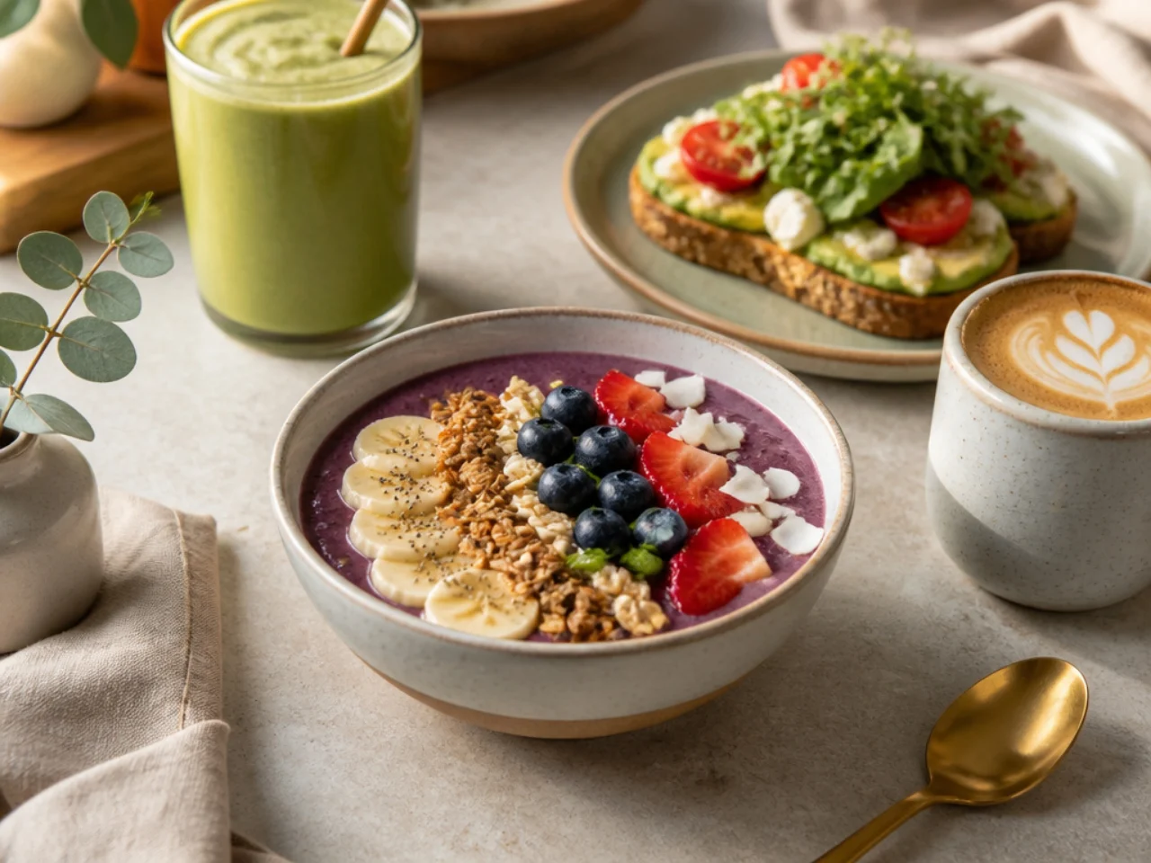 acai bowl served with fresh coffee, a green smoothie or whole-grain toast