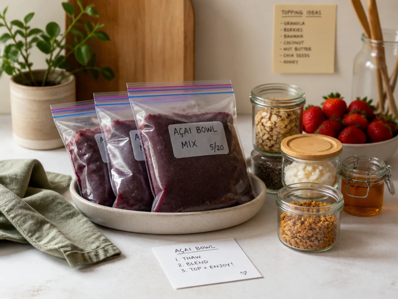 Make-ahead storage of acai bowl in containers