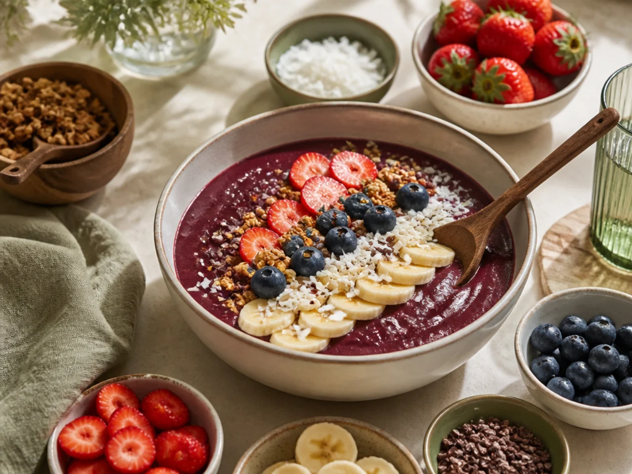 acai bowl served family-style on a cozy table