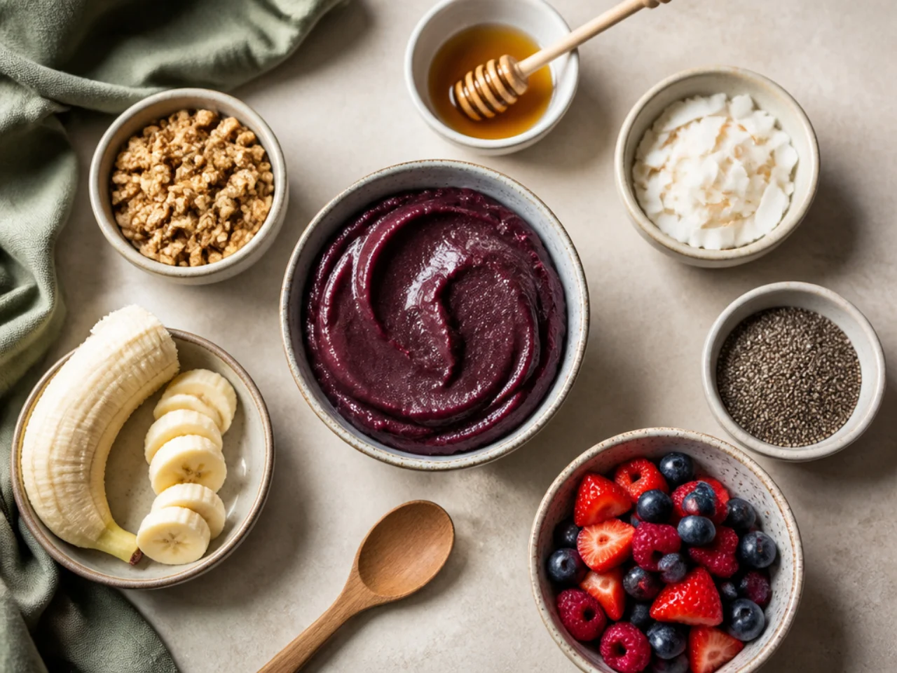 Fresh ingredients for acai bowl arranged in bowls