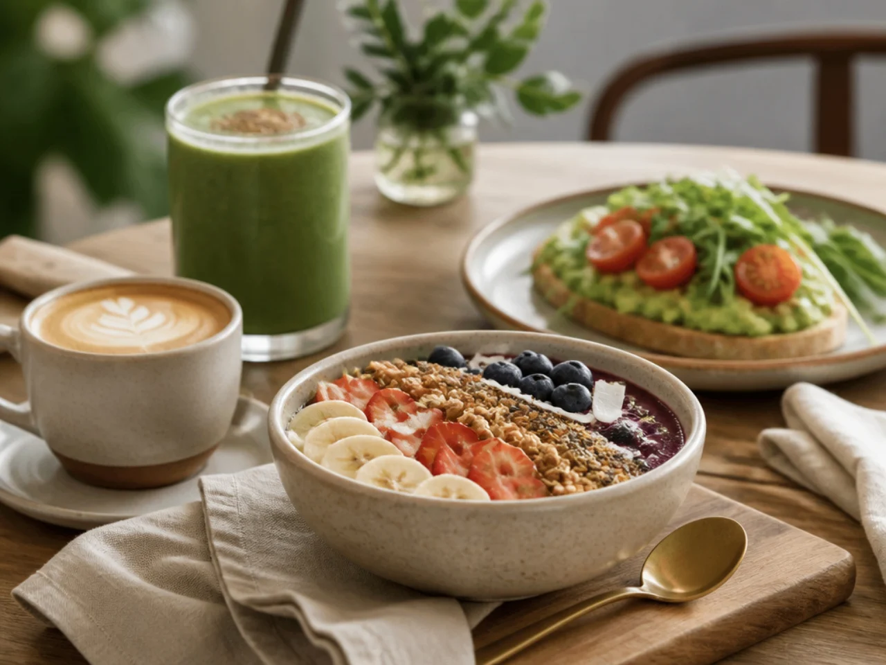acai bowl served with fresh coffee, a green smoothie or whole-grain toast