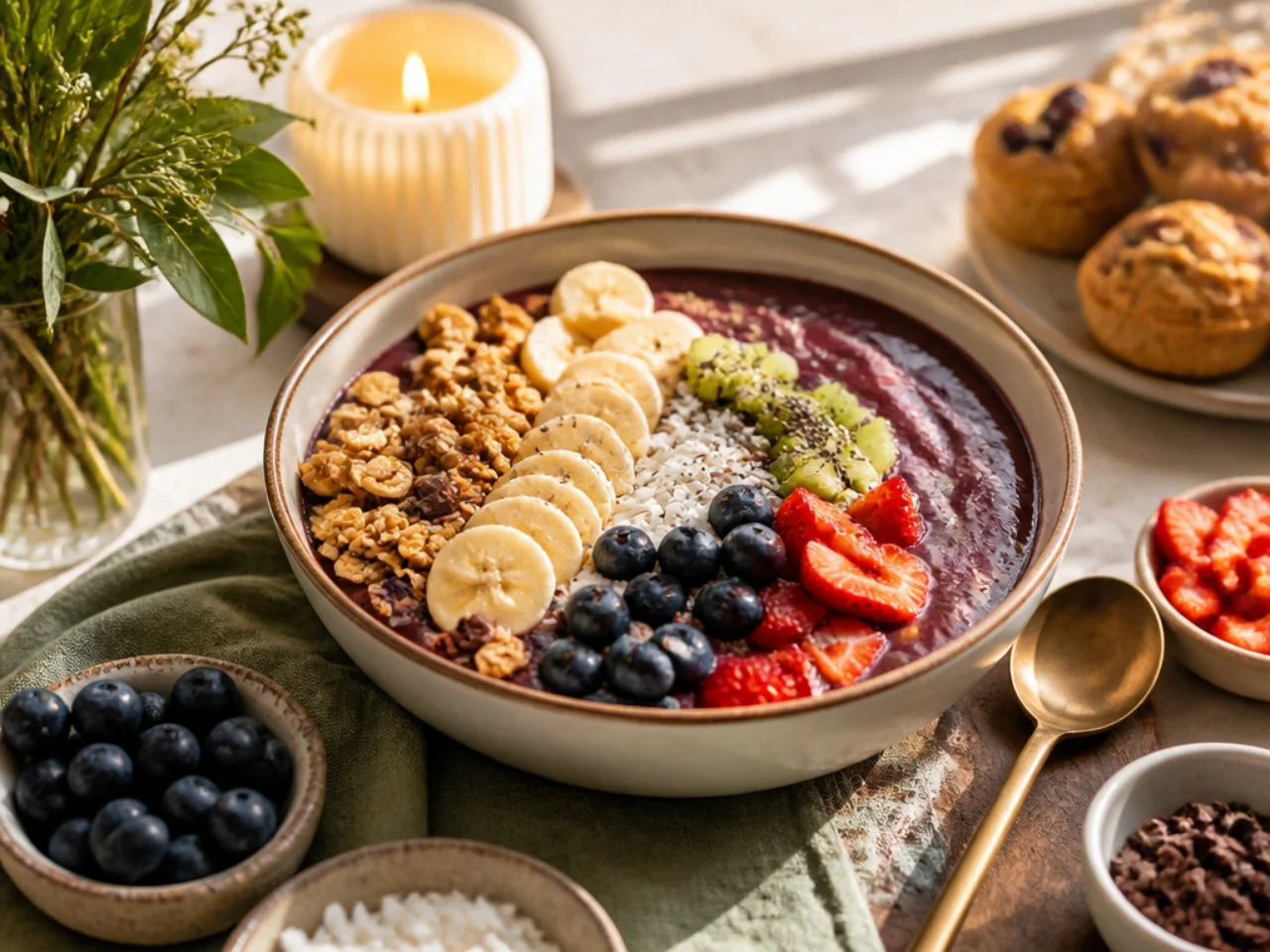 acai bowl served family-style on a cozy table