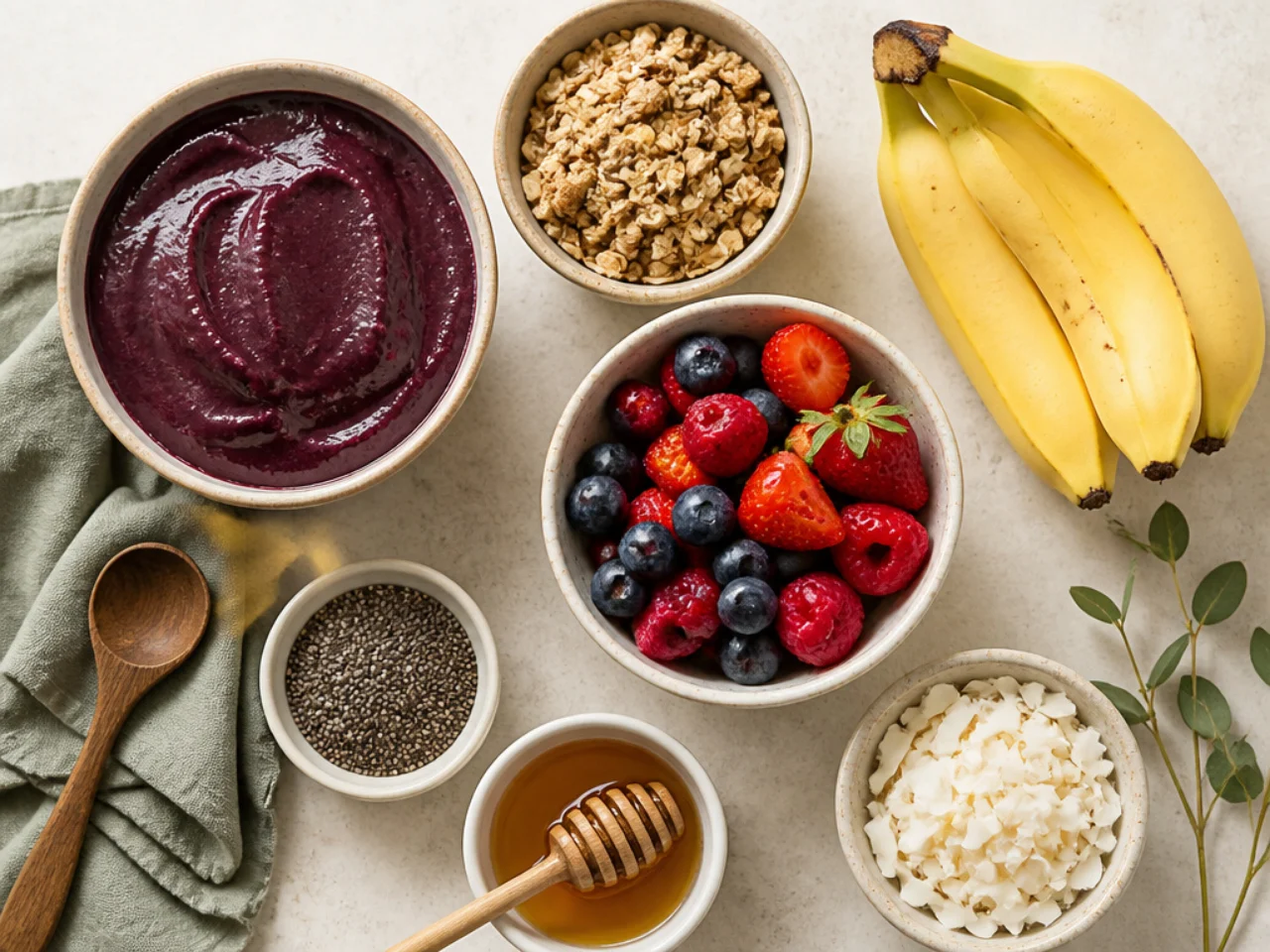 Fresh ingredients for acai bowl arranged in bowls
