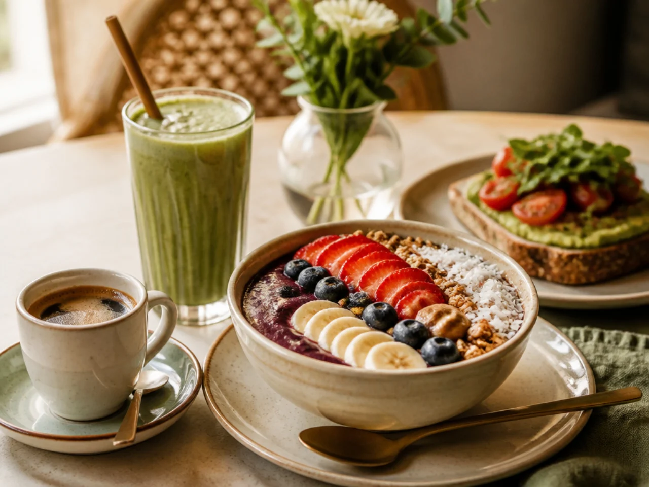acai bowl served with fresh coffee, a green smoothie or whole-grain toast