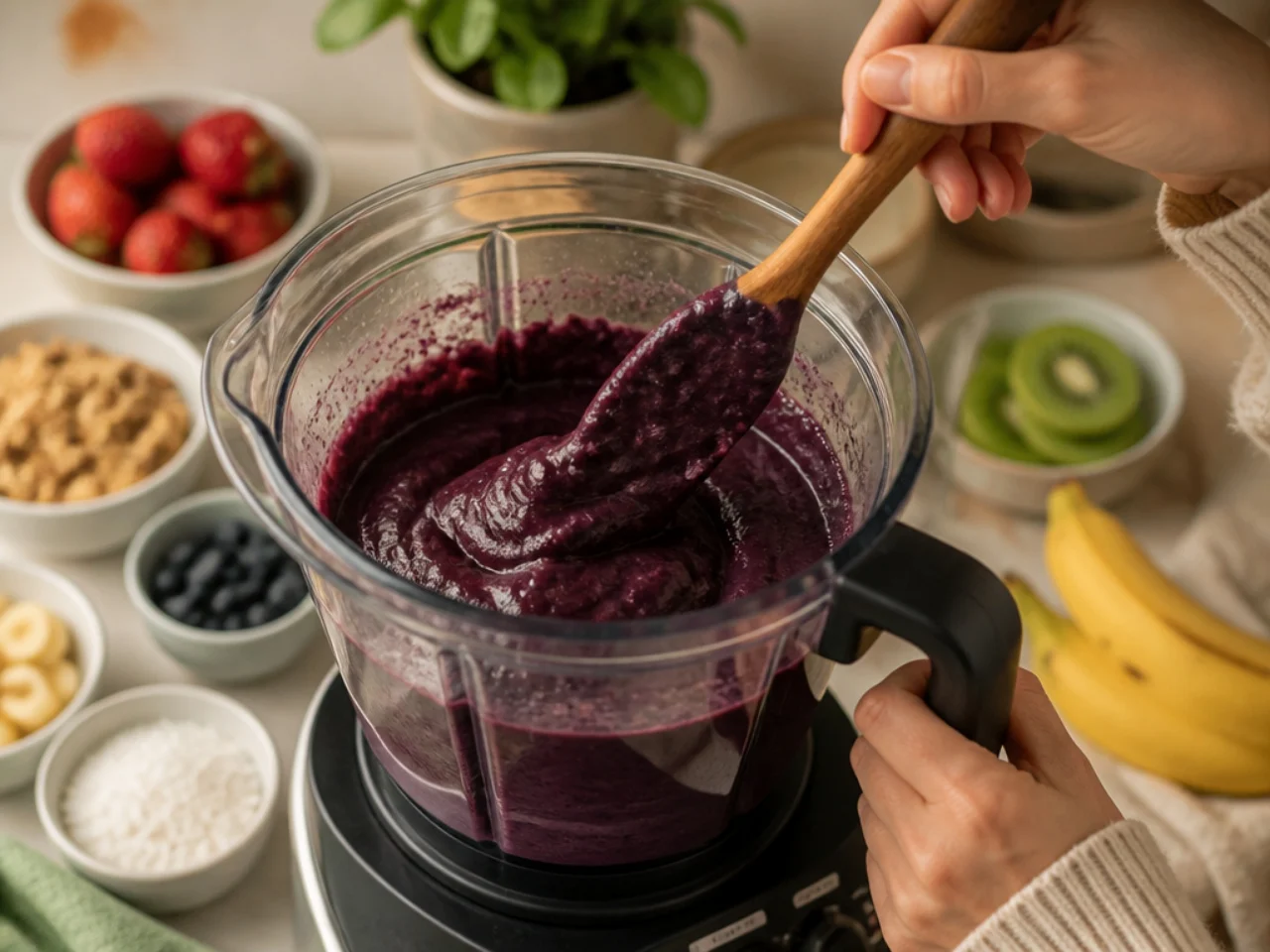 Step-by-step process shot for acai bowl