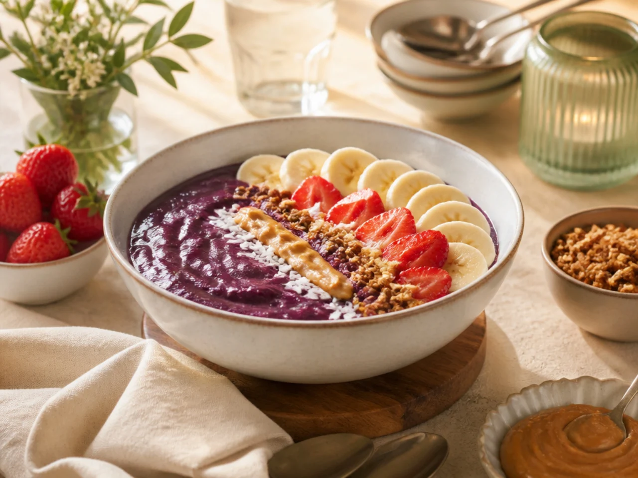 acai bowl served family-style on a cozy table