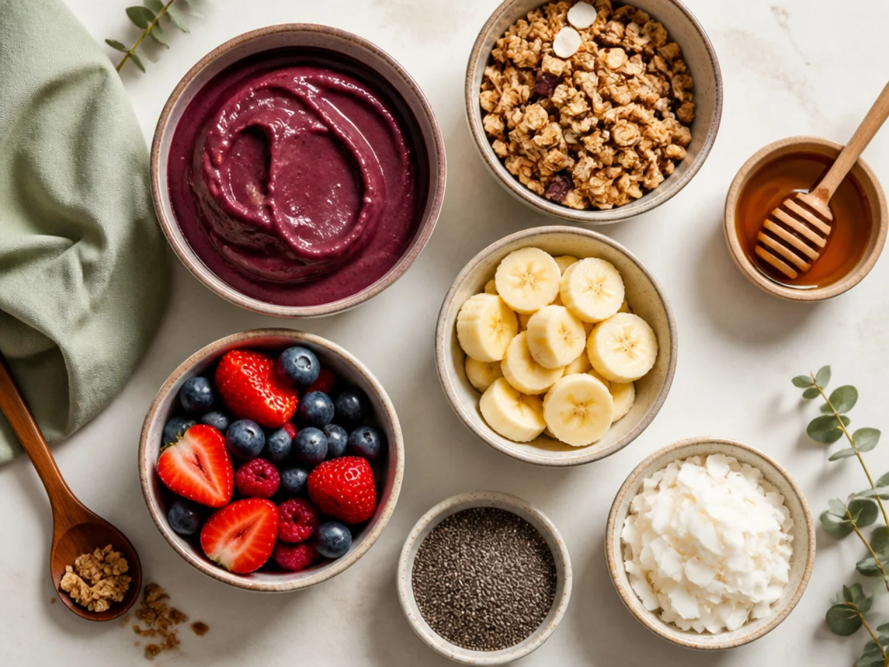 Fresh ingredients for acai bowl arranged in bowls