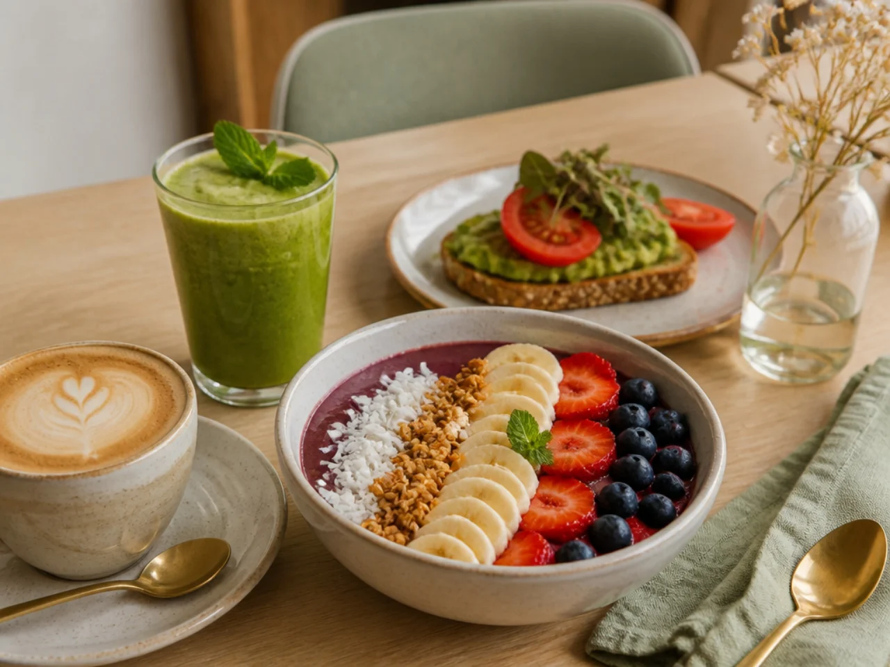 acai bowl served with fresh coffee, a green smoothie or whole-grain toast