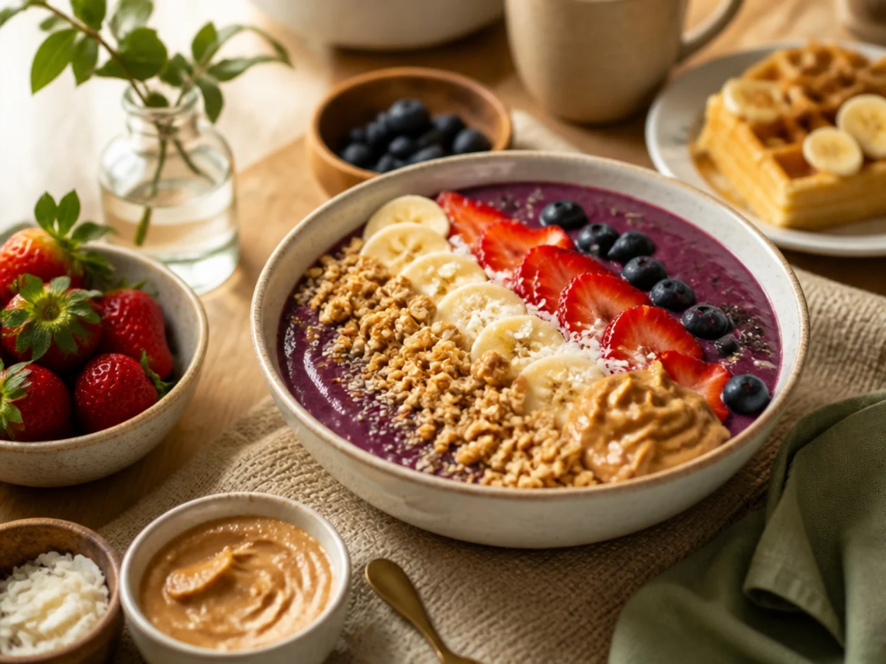 acai bowl served family-style on a cozy table