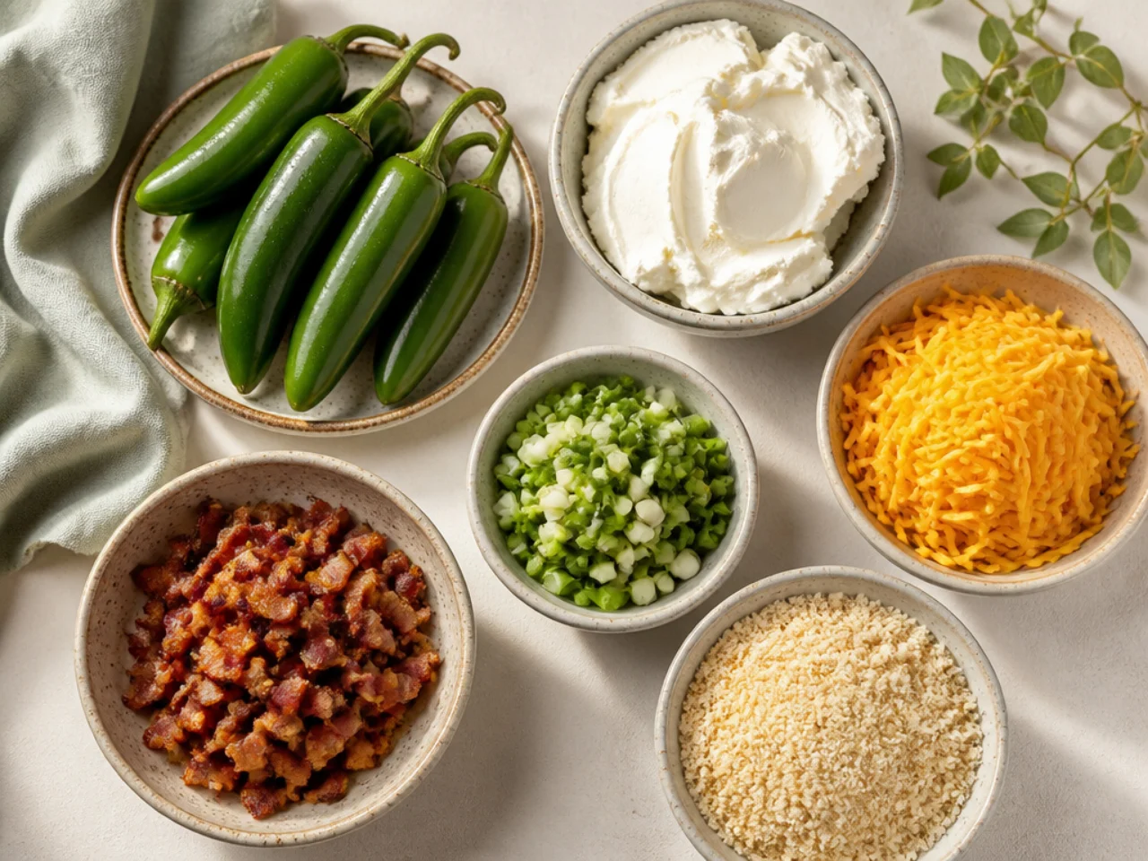 Fresh ingredients for jalapeno poppers arranged in bowls