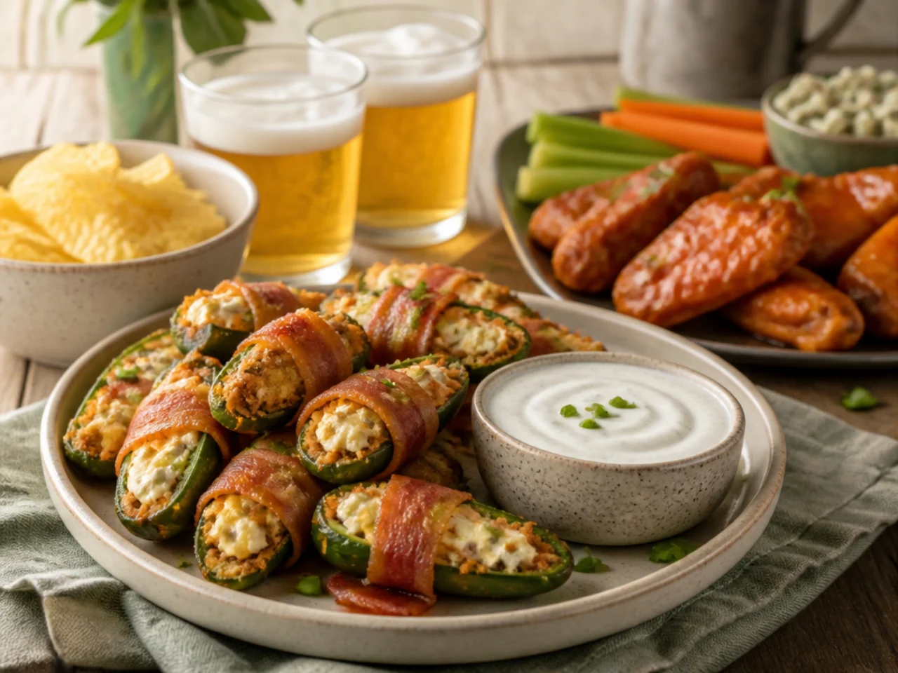 jalapeno poppers served with cool ranch or blue cheese dip, wings and cold drinks