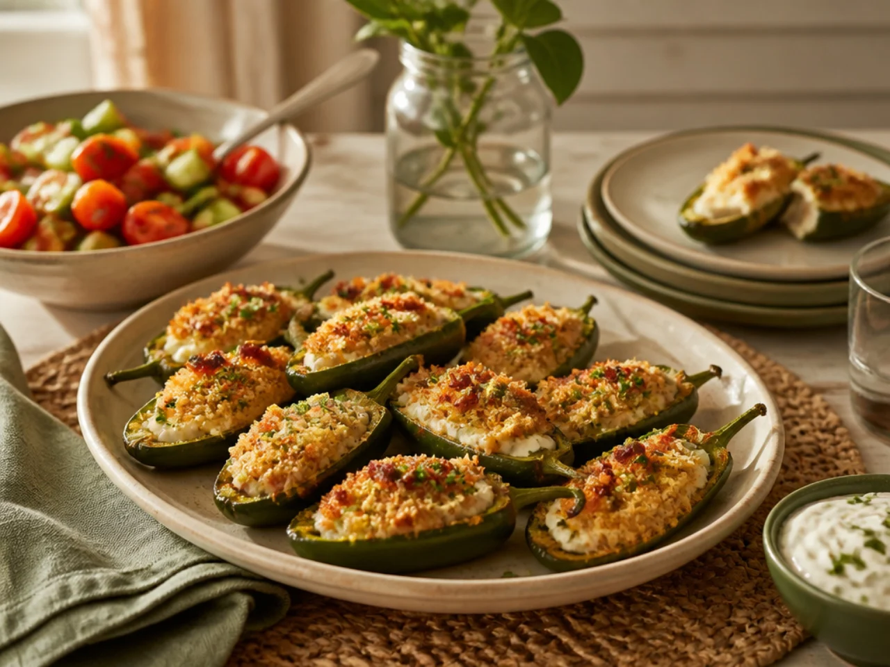 jalapeno poppers served family-style on a cozy table