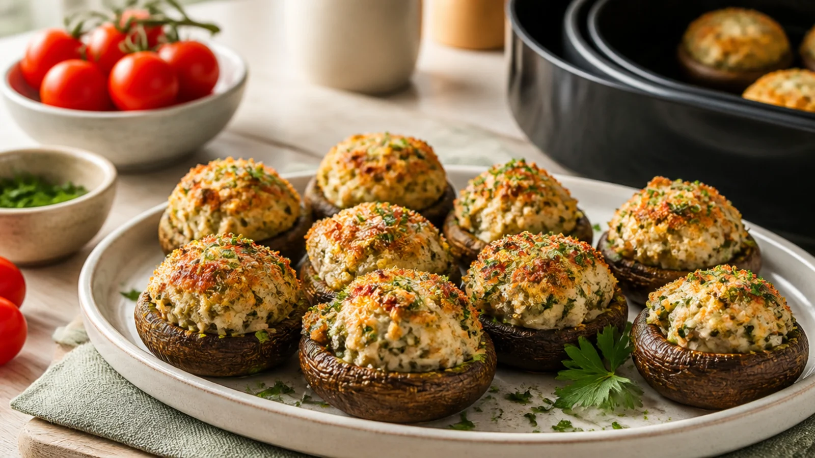 Air Fryer Stuffed Mushroom Tips Worth Learning — stuffed mushrooms plated and ready to serve