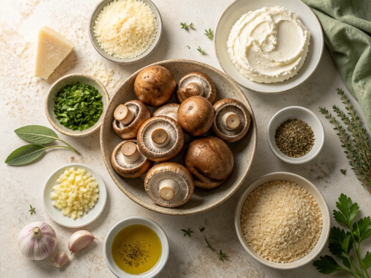 Fresh ingredients for stuffed mushrooms arranged in bowls