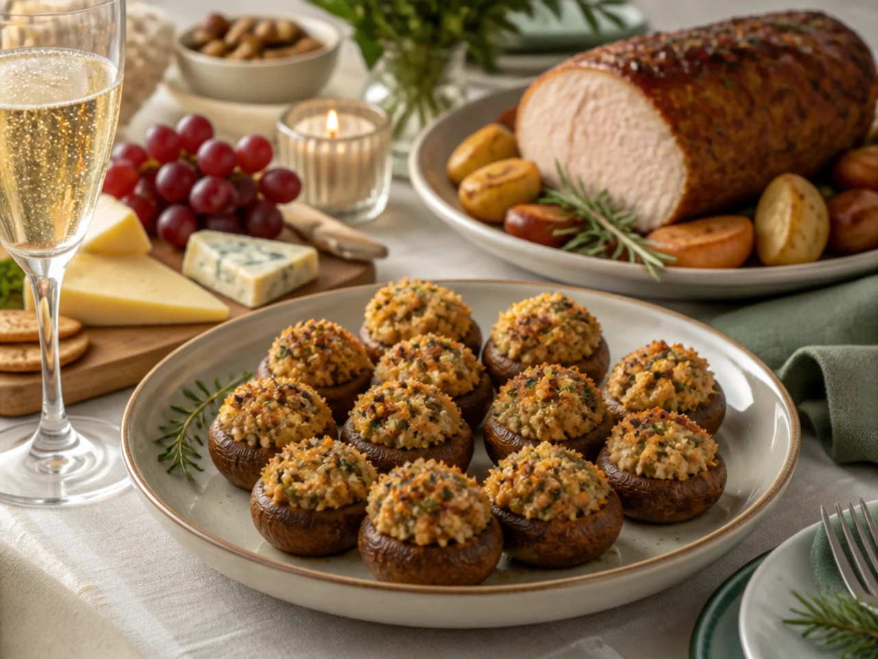 stuffed mushrooms served with a holiday roast, a cheese board and sparkling wine