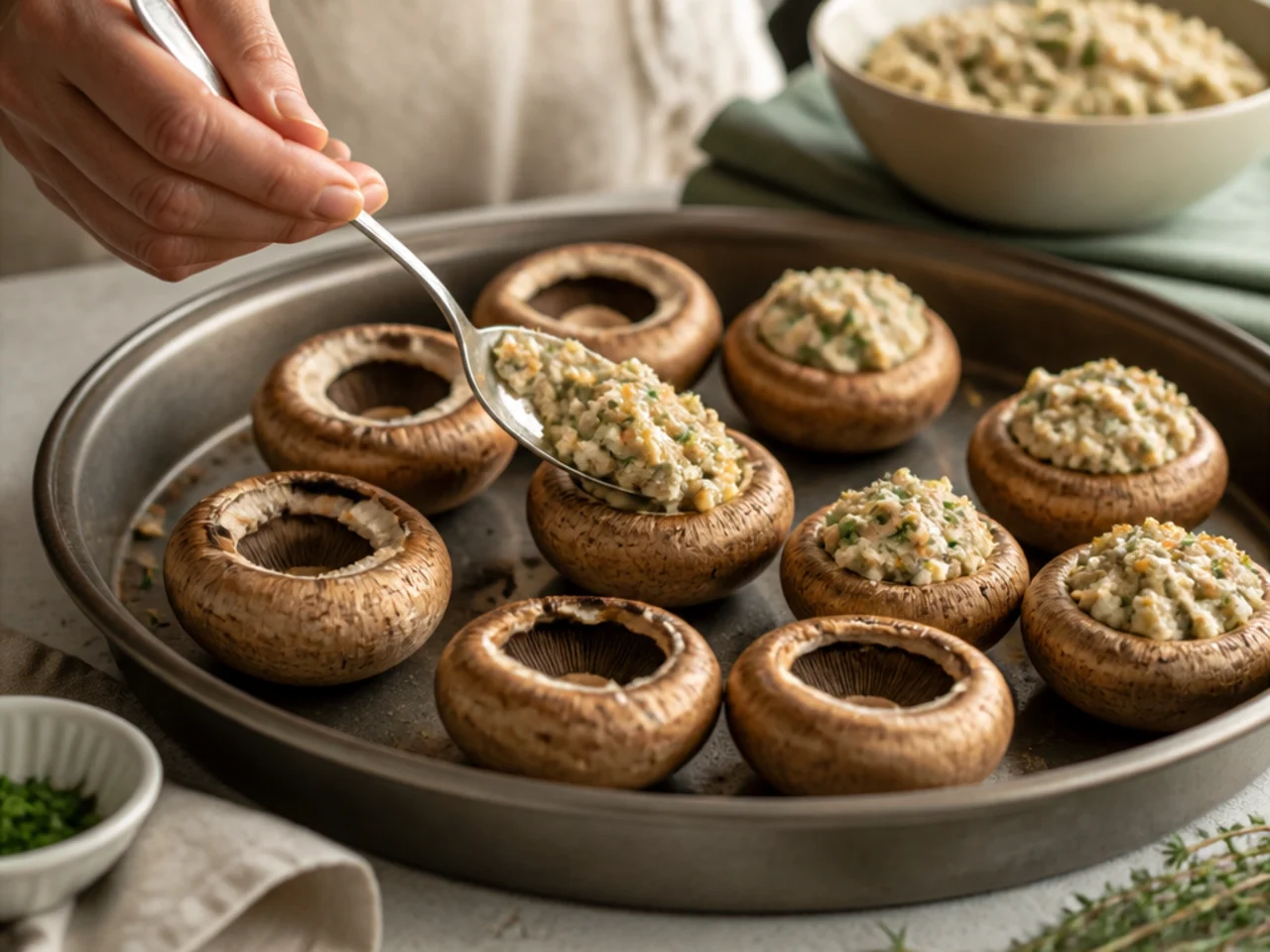 Step-by-step process shot for stuffed mushrooms