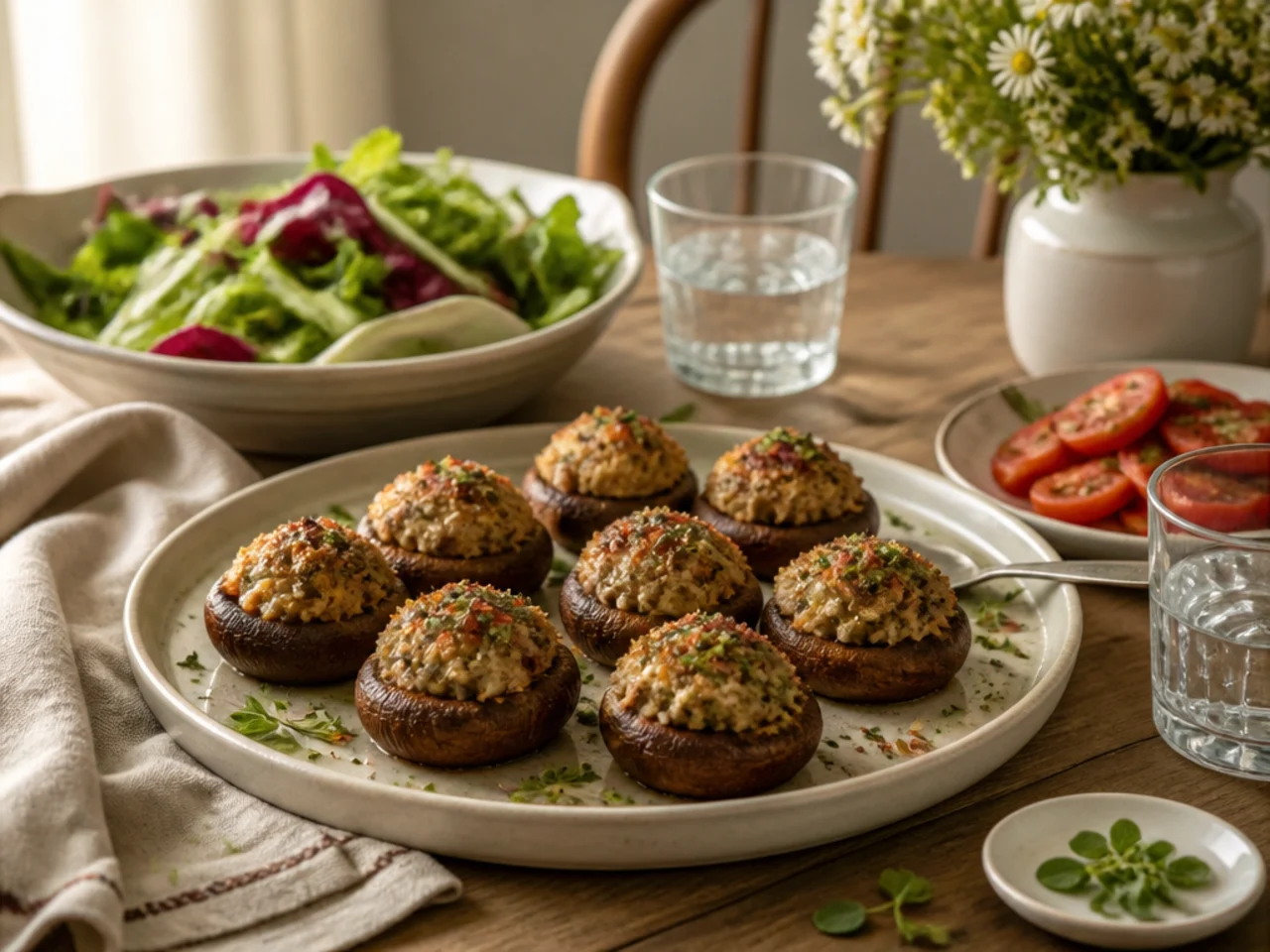 stuffed mushrooms served family-style on a cozy table
