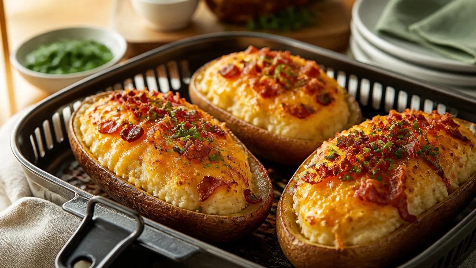 Air Fryer Twice Baked Potatoes Made Simple — twice baked potatoes plated and ready to serve