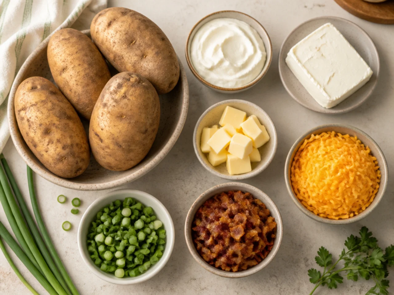 Fresh ingredients for twice baked potatoes arranged in bowls