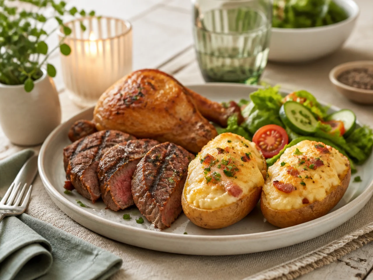twice baked potatoes served with juicy roast chicken, grilled steak and a crisp green salad