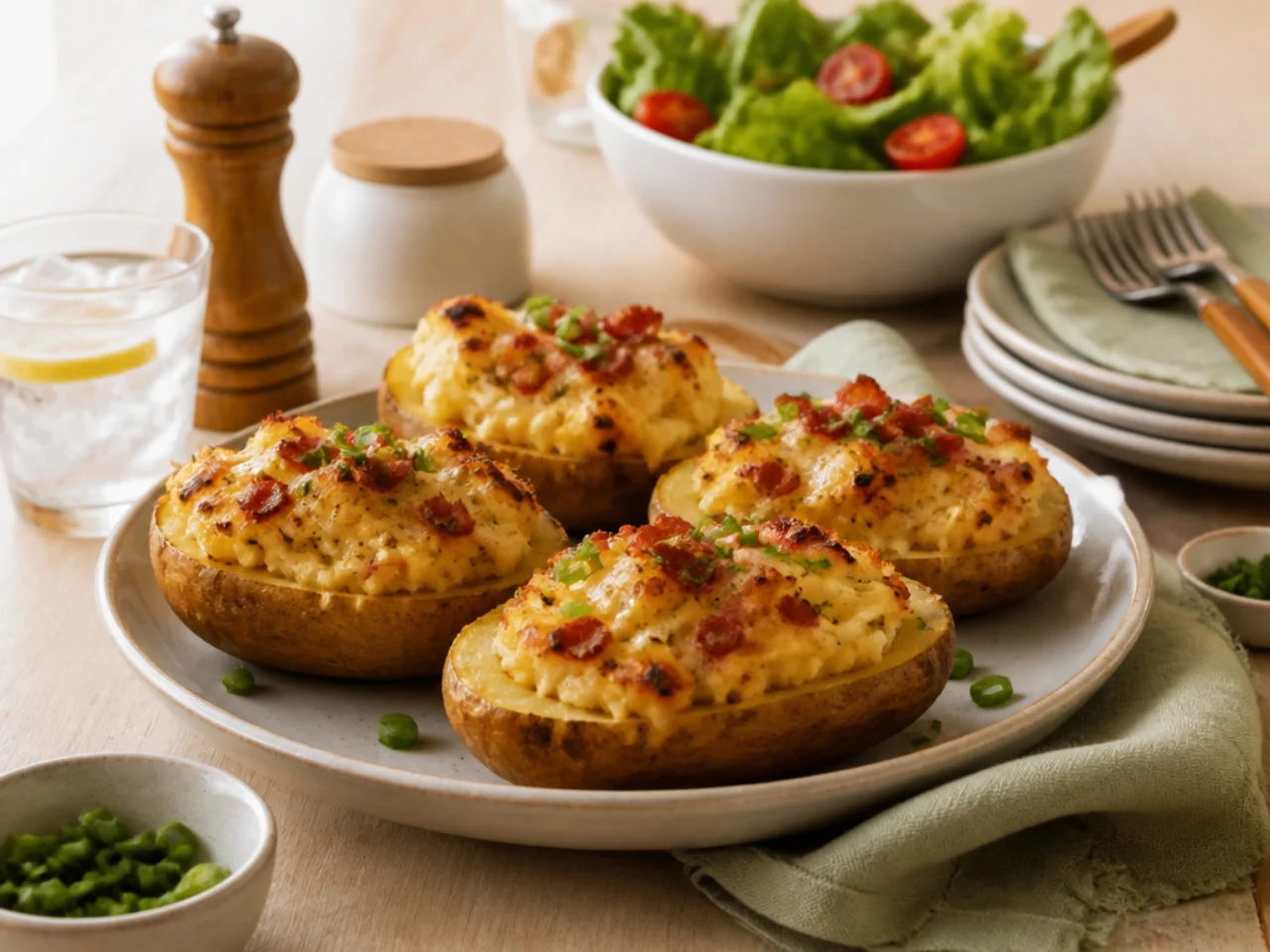 twice baked potatoes served family-style on a cozy table