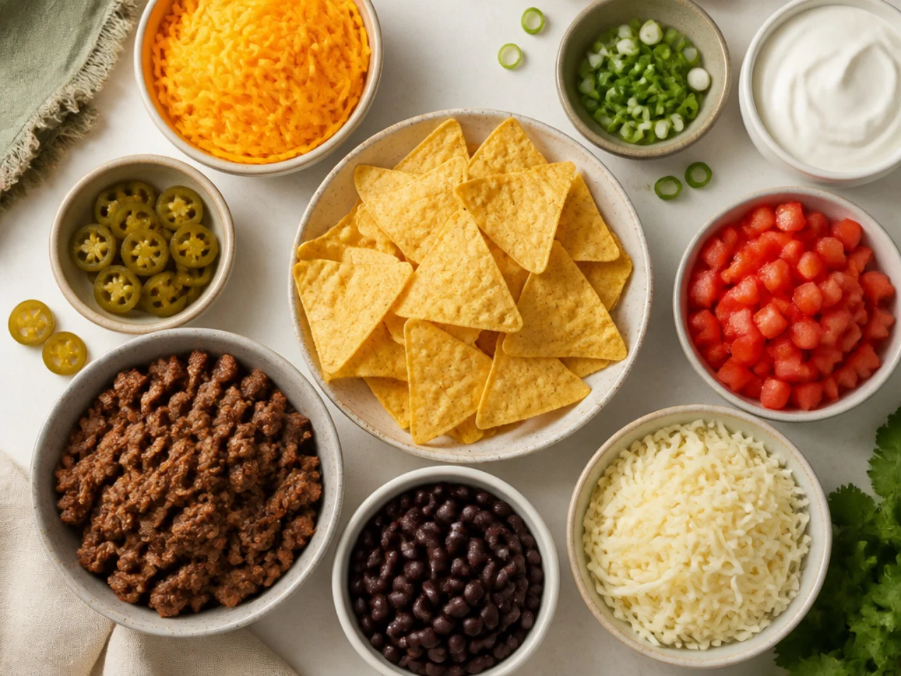 Fresh ingredients for nachos arranged in bowls
