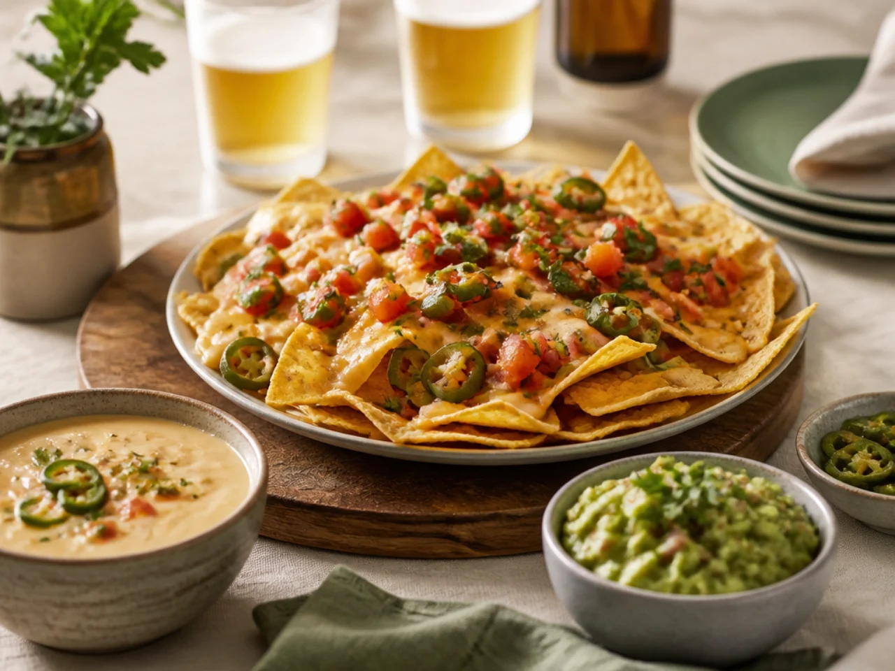 nachos served with fresh salsa, warm queso, guacamole and ice-cold drinks
