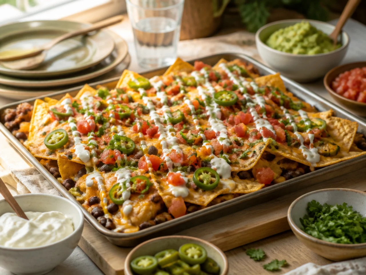 nachos served family-style on a cozy table