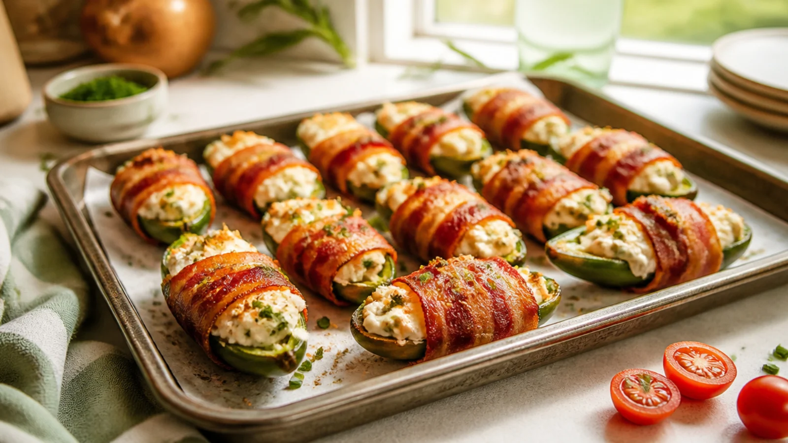 Bacon Jalapeno Poppers Piled With Cheese — jalapeno poppers plated and ready to serve
