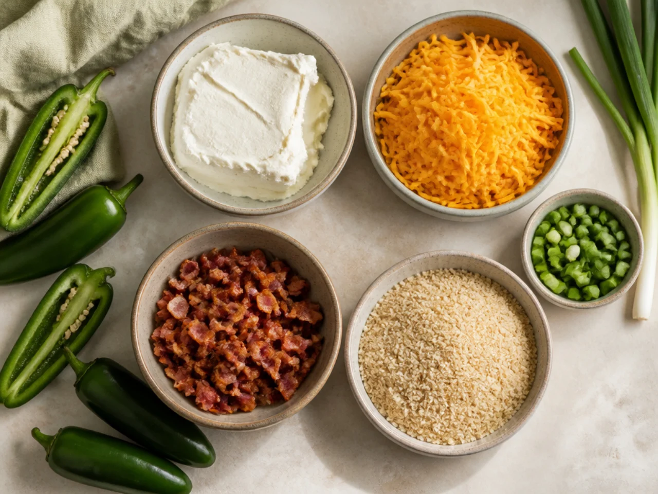 Fresh ingredients for jalapeno poppers arranged in bowls
