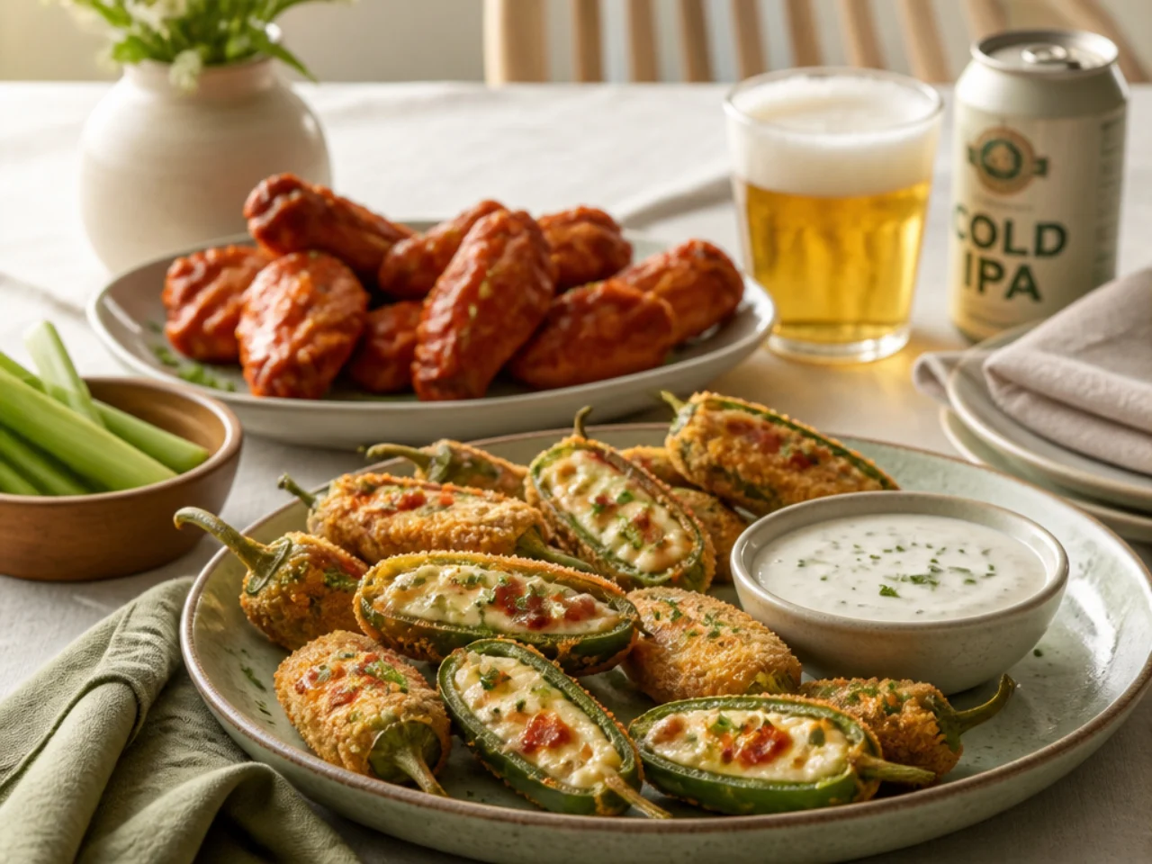 jalapeno poppers served with cool ranch or blue cheese dip, wings and cold drinks