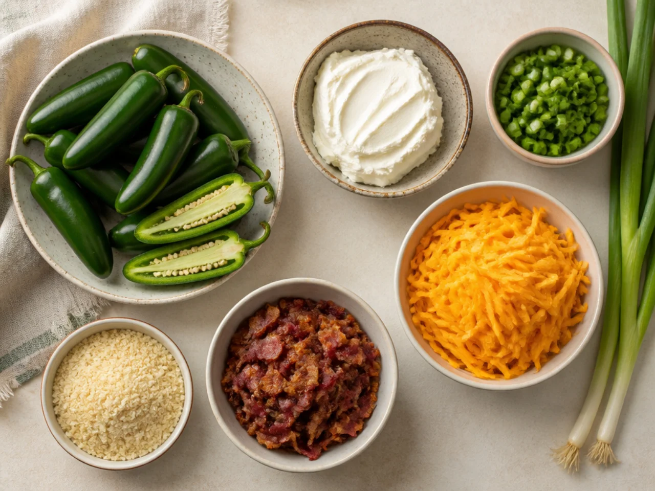 Fresh ingredients for jalapeno poppers arranged in bowls