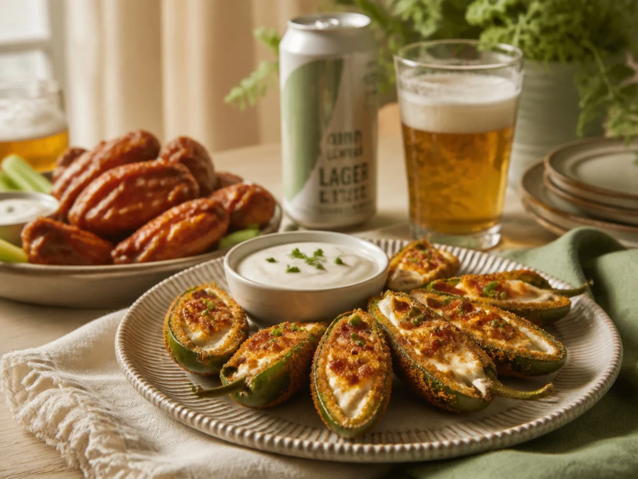 jalapeno poppers served with cool ranch or blue cheese dip, wings and cold drinks