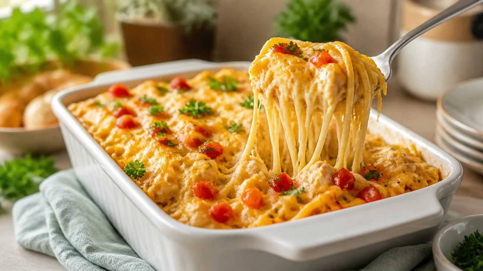 Baked Chicken Spaghetti Recipes for a Crowd — chicken spaghetti plated and ready to serve