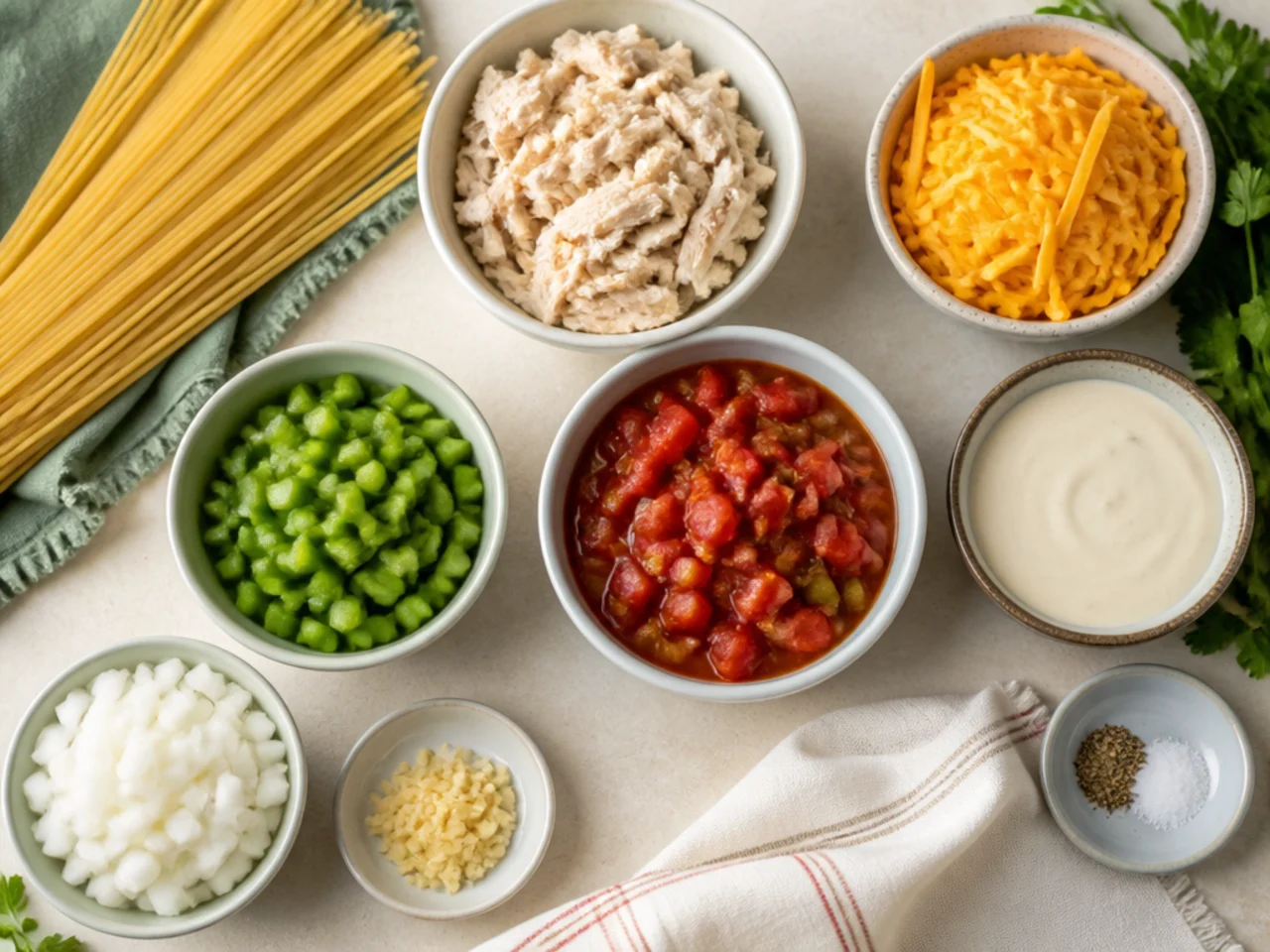 Fresh ingredients for chicken spaghetti arranged in bowls